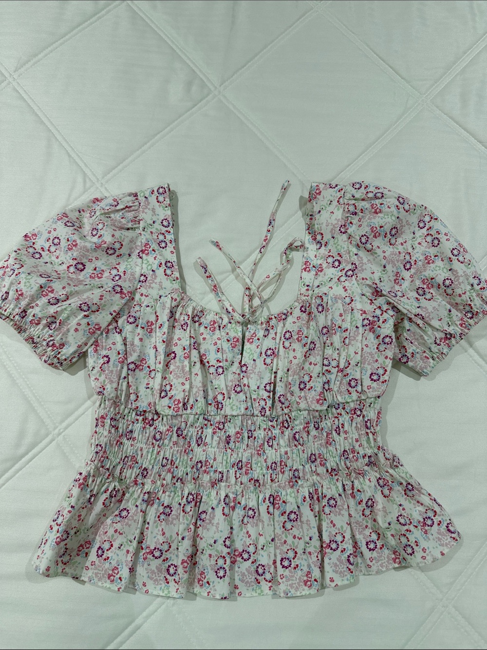 Wayf Cream Floral Smocked Peplum Blouse with Pink Floral Print